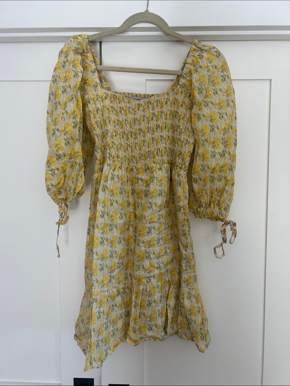 Faithful the Brand Yellow Floral Puff-Sleeve Smocked Dress